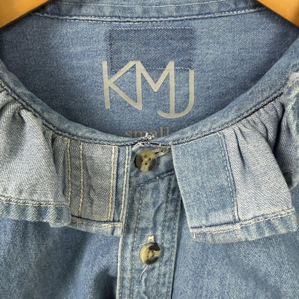 KMJ Kate McHale Jensen Shirt Womens Small Blue Denim Ruffle Collar Puff Sleeve - Picture 4 of 10